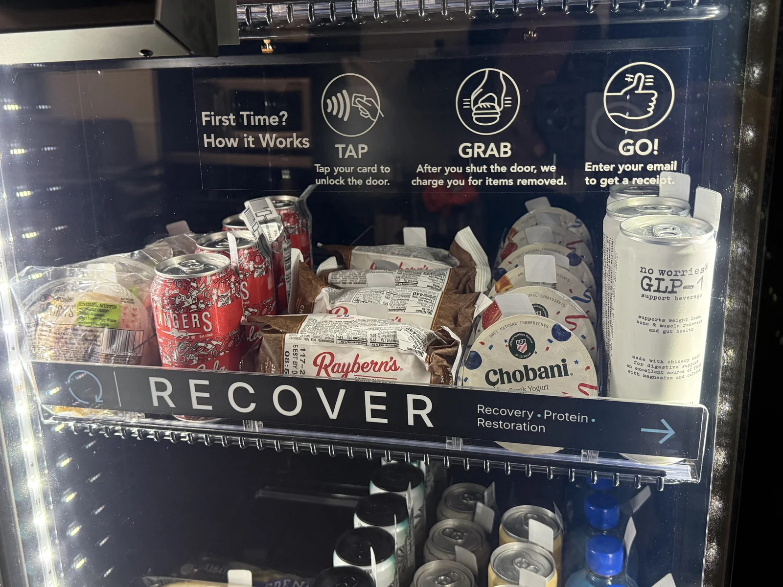 Fresh Fit Fridge Recover shelf showing Tap, Grab, Go instructions