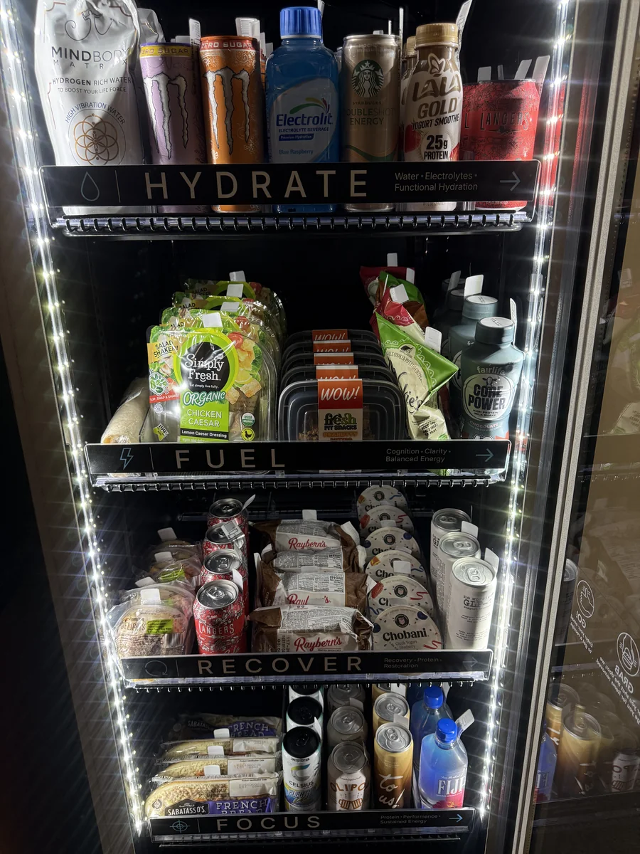 Fresh Fit Fridge interior showing Hydrate, Fuel, Recover and Focus product sections
